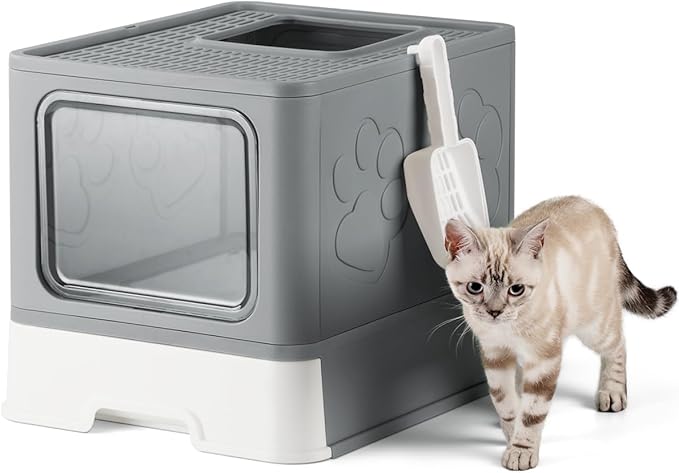 Enclosed Cat Litter Box, Large Litter Box for Big Cats, Covered Kitty Litter Boxes with Lid, Top Entry Cat Box Enclosure with Scoop, Odor Control, Easy to Clean(Grey)-PawvioPets