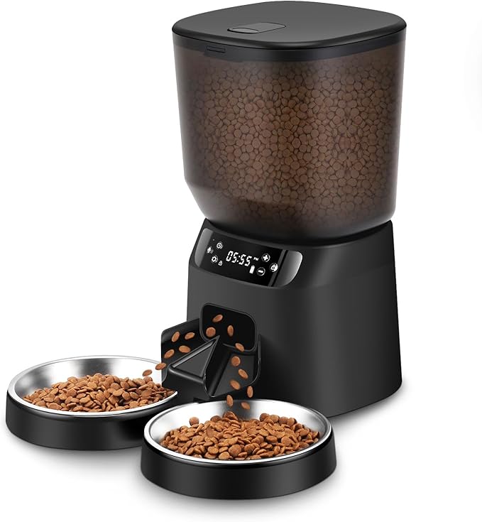 Automatic Cat Feeders for Two Cats, 5L/20 Cups Double Automatic Cat Food Dispenser with 2 Stainless Bowls, Timer Setting 20 Portions 6 Meals Per Day, 10s Meal Call, Pet Feeder for Dog (Black)-PawvioPets