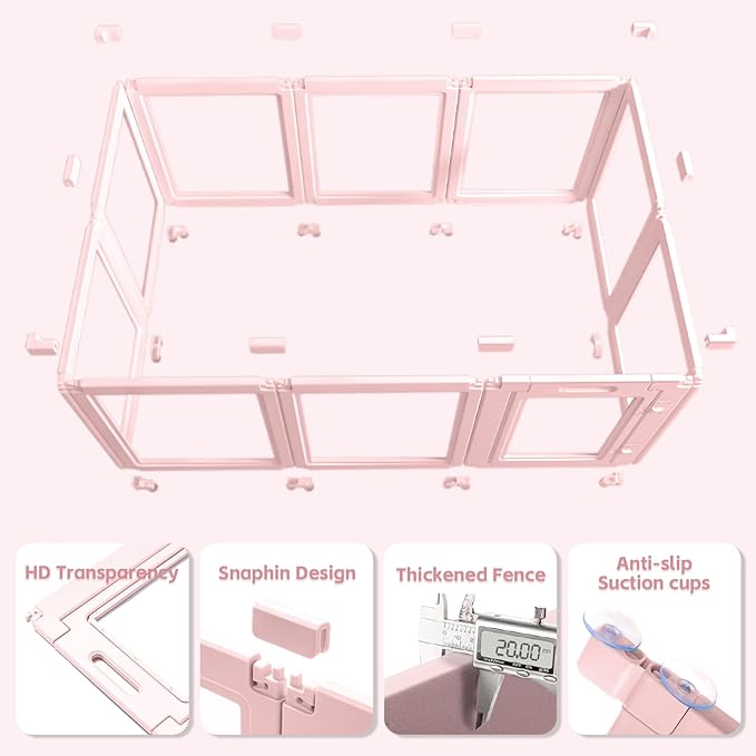 DIY Clear Acrylic Dog Playpen House,Quick Easy Assembly and Disassembly,Strong Floor Suction,Indoor and Outdoor Use,Easy Cleansing Puppy Fence (Skin Pink, 23.6" H, 12PCS)-PawvioPets