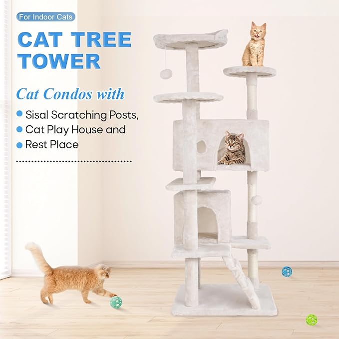 FDW Cat Tree 54in Cat Tower Multi-Level Durable Cat Scratching Post & Cozy Fun Cat Jumping Platform Space Saving Cat Condo Pet Play House for Indoor Cats,Beige-PawvioPets