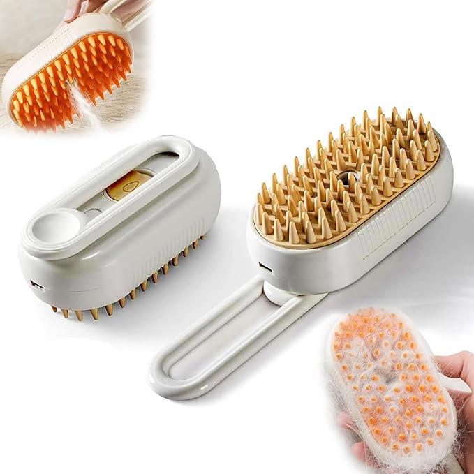 4 in 1 Cat Steam Brush for Shedding, Rechargeable Steam Cat Brush With Rotating Handle, for Massaging and Cleaning Shedding Pet Hair, for Cats Dogs (White)-PawvioPets