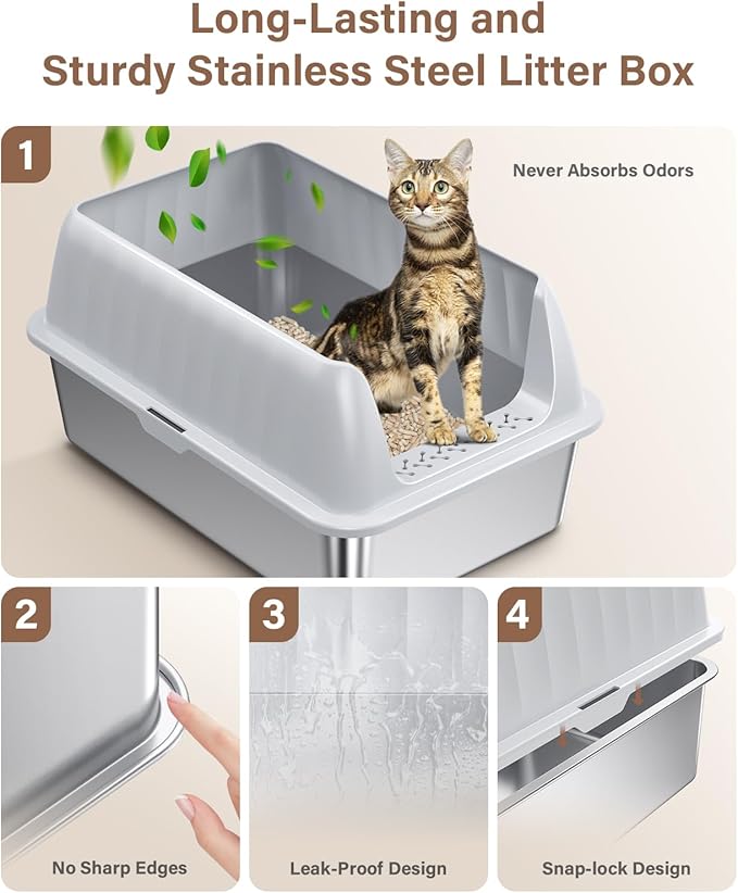 Cat Litter Box Stainless Steel XL with Lid, Enclosed Metal Extra Large Litter Box Pan High Sided with Scoop for Big Cats, Non-Sticky, Anti-Urine Leakage, Easy Cleaning-PawvioPets