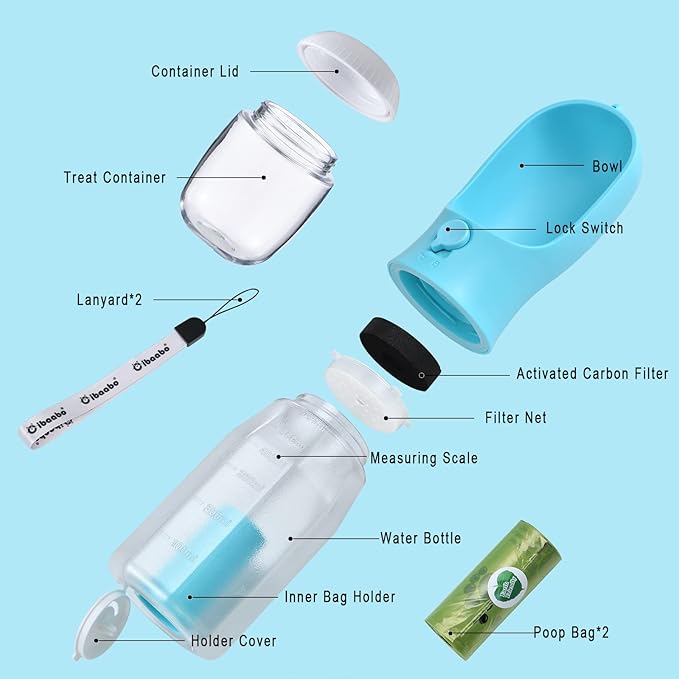 Dog Water Bottle with Food Container & Poop Bag Holder, Travel Water Bowl, Portable Pet Dispenser, Dog Stuff Accessories Items, Puppy Essentials Necessities for Yorkie Chihuahua Walking Hiking-PawvioPets
