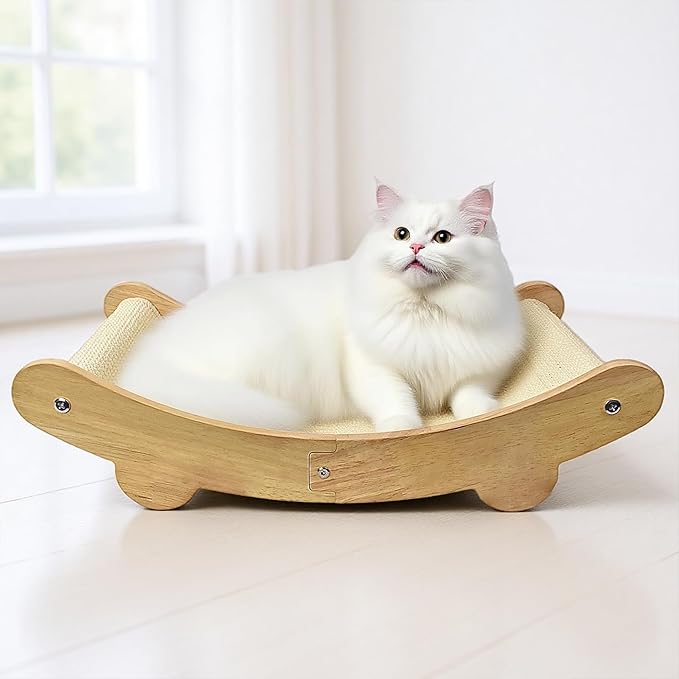 2-in-1 Sisal Cat Scratcher Bed for Indoor Large Cats – Hammock Lounge with Natural Sisal Pad, Wooden Cat Furniture for Scratching and Resting-PawvioPets