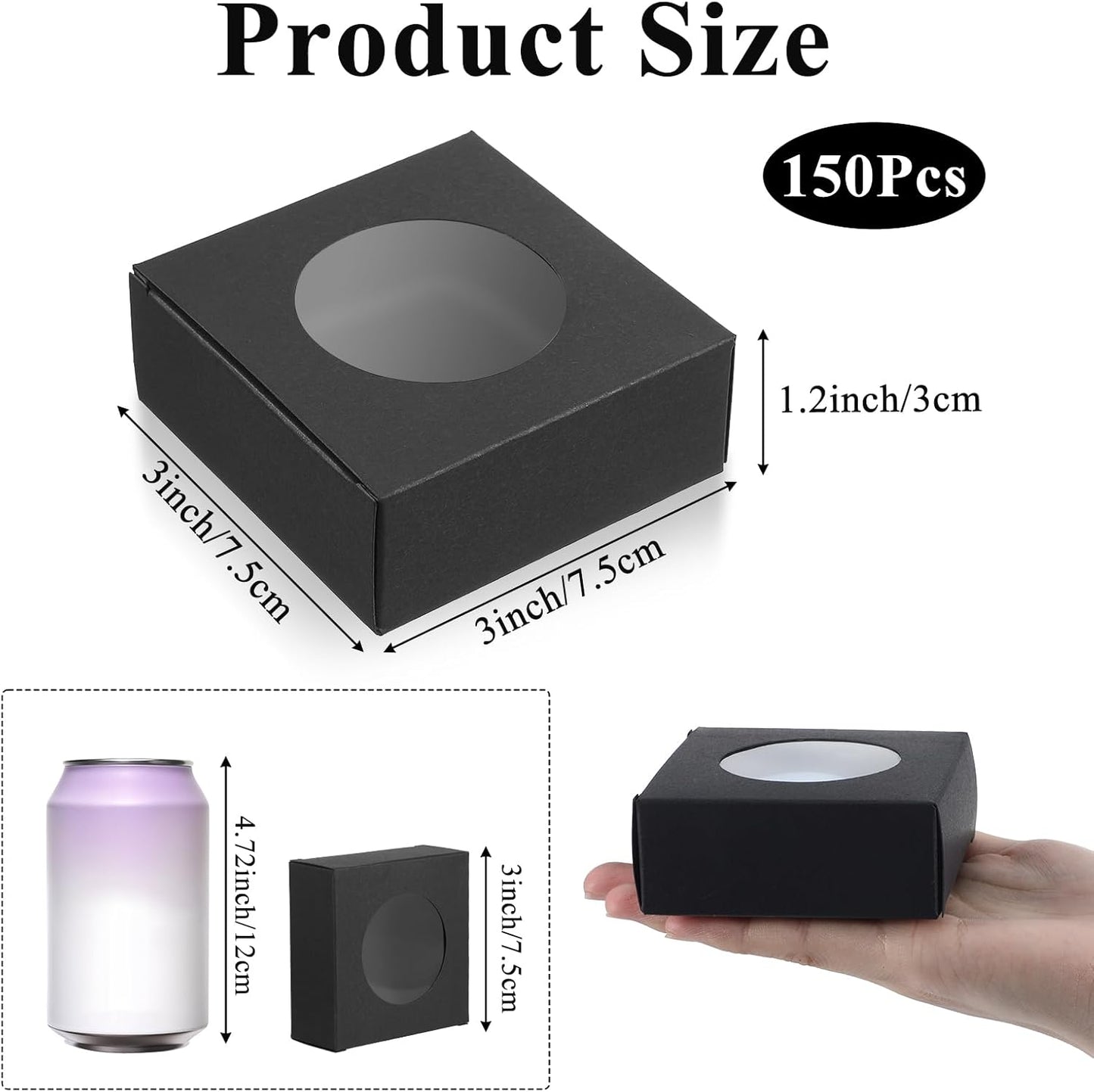 ADLABLD 150 Pcs Small Soap Boxes with Window for Homemade Soap Packaging, 3 * 3 Inch Black Soaps Wrappers Favor Gift Boxes for Homemade Soaps, Candy Chocolate, Bakery Cookies, Party Favor Box