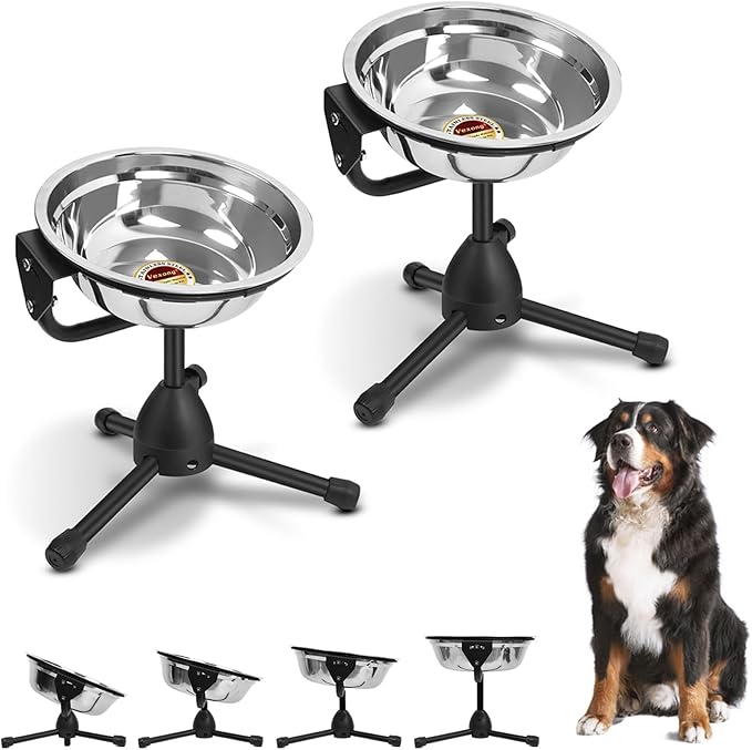 2 Pack Elevated Bowls With Adjustable Metal Stand, Medium Size for Dogs 30-70 lbs, 0.5 Gal 2 Liter, Stainless Steel Food Water Bowl, Height Adjustable Non-Slip Raised Set-PawvioPets