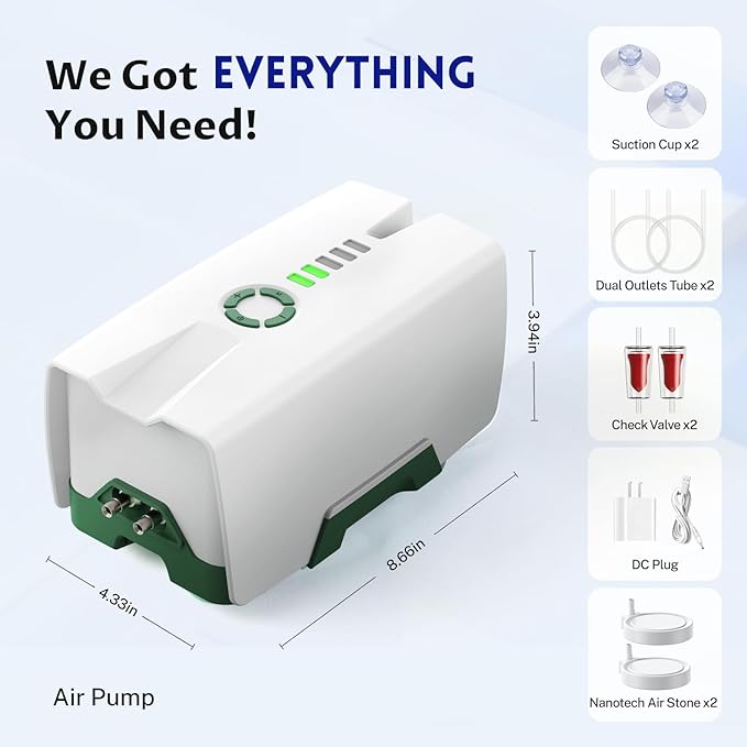 Ghosthorn Quiet AC/DC Aquarium Air Pump 12000mAh Battery Powered Aquarium Bubbler with 87 Hours Battery Life 2-Outlet Rechargeable Bait Aerator Adjustable Oxygen Pump, Power Outages and Emergency-PawvioPets