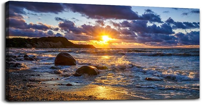 canvas wall art for living room bedroom Wall Decor blue ocean landscape painting Hang Home Decoration office bathroom kitchen sun beach sea golden Waves on the beach canvas art Prints pictures Works-PawvioPets