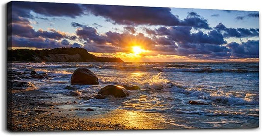 canvas wall art for living room bedroom Wall Decor blue ocean landscape painting Hang Home Decoration office bathroom kitchen sun beach sea golden Waves on the beach canvas art Prints pictures Works-PawvioPets