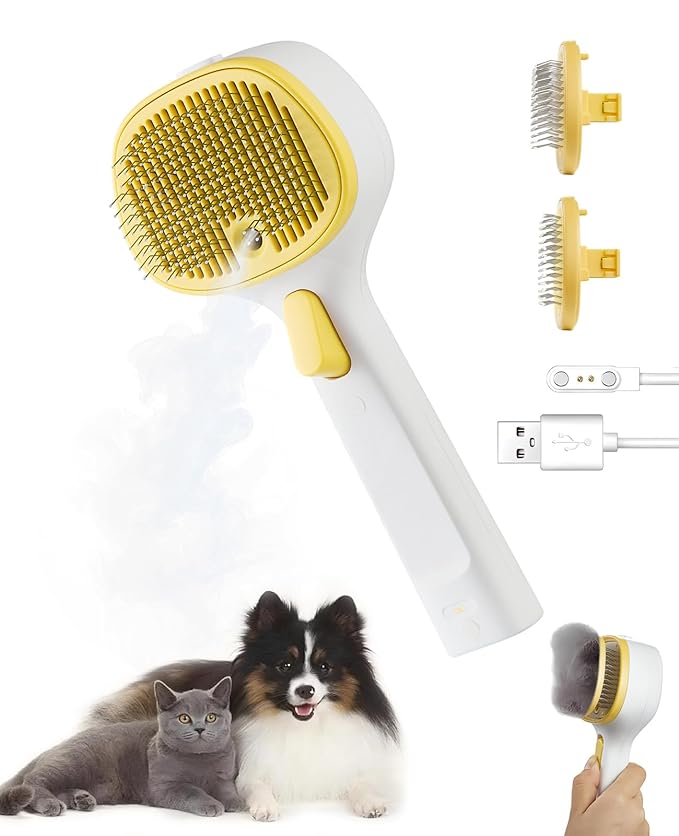 FURGO 3-in-1 Pet Steam Brush for Dogs & Cats – Reduces Static, Replaceable Heads, One-Touch Hair Ejection, Dog Spray Brush for Shedding Control(Long&Short)-PawvioPets