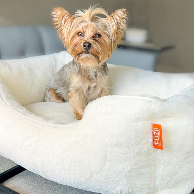 FUZI Luxury Aesthetic Dog Bed for Large Dogs with Washable Cover, Pet Couch, Pet Bed with Sides, Non-Slip Bottom, Soft and Durable Calming Dog Bed, Faux Rabbit Fur, Large 35.6x28.5x9.5 Soft White-PawvioPets