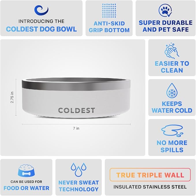 Coldest Dog Bowl - Anti Rust Metal, Non Slip, 3 Layers Insulated Stainless Steel Dog Bowls - Spill Proof & Heavy Duty - Water Bowl for Dogs, Cats & Pets, Dish Washer Safe (42 oz, Epic White)-PawvioPets