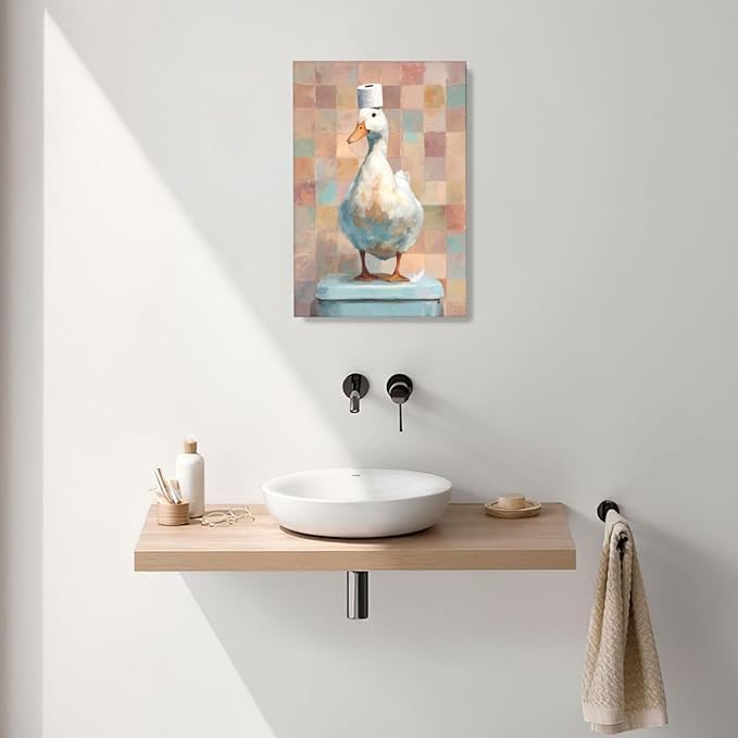 Funny Duck Bathroom Wall Art Cute Duck on Toilet Canvas Wall Decor Funny Quirky Farm Animal Pictures Painting Print Framed Artwork Decorations Gifts for Bathroom 16"x24"-PawvioPets