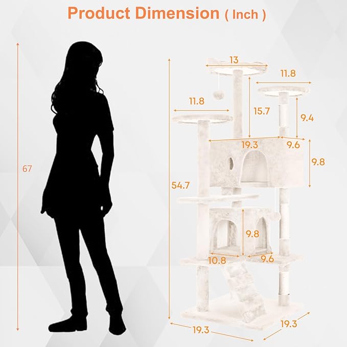 54.7 inches Cat Tower for Indoor Cats, Multi-Level Cat Condos with Scratching Posts, Hanging Toys, Beige-PawvioPets