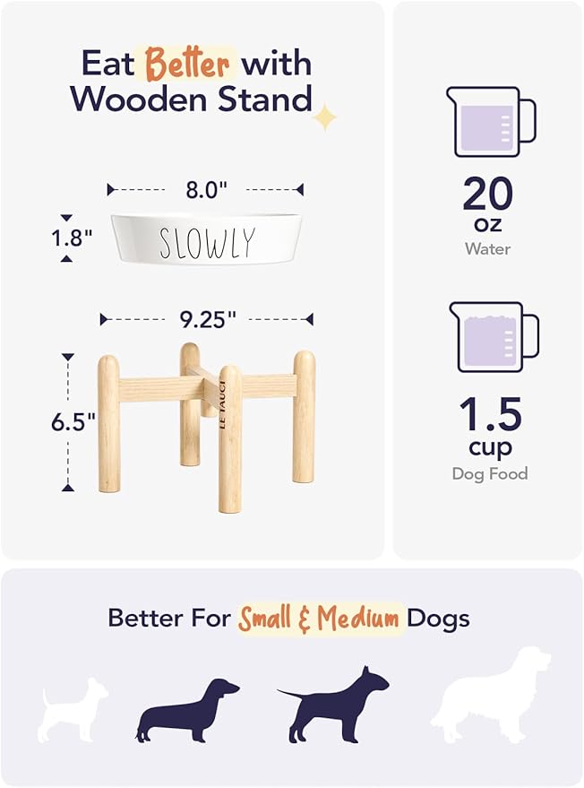 Ceramic Slow Feeder Dog Bowls Elevated for Small and Medium Breed with Wooden Stand, 1.5 Cups Dog Dishes to Slow Down Eating, Anti-Gulping Pet Feeding Dishes,White-PawvioPets