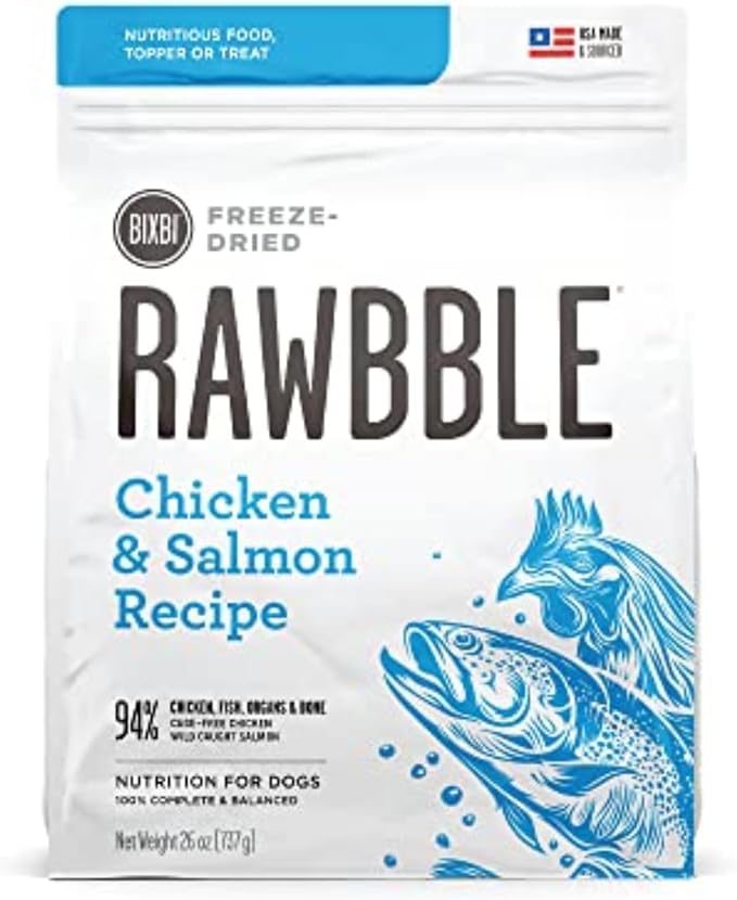 BIXBI Rawbble Freeze Dried Dog Food, Chicken & Salmon Recipe, 26 oz - 94% Meat and Organs, No Fillers - Pantry-Friendly Raw Dog Food for Meal, Treat or Food Topper - USA Made in Small Batches-PawvioPets