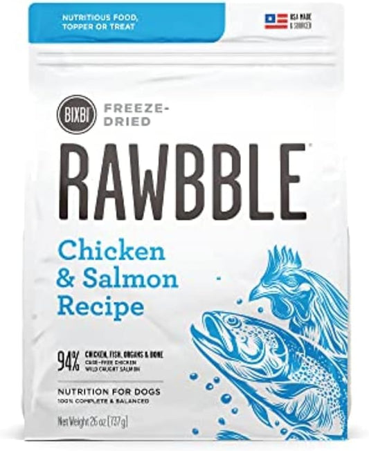 BIXBI Rawbble Freeze Dried Dog Food, Chicken & Salmon Recipe, 26 oz - 94% Meat and Organs, No Fillers - Pantry-Friendly Raw Dog Food for Meal, Treat or Food Topper - USA Made in Small Batches-PawvioPets