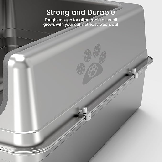 Enclosed Stainless Steel Cat Litter Box with Lid, Oversize Metal Litter Box for Multi Cats, Extra XXL Cat Toilet with High Side, Non-Stick, Anti-Leakage, Odorless, with Cat Litter Mat & Litter Scoop-PawvioPets