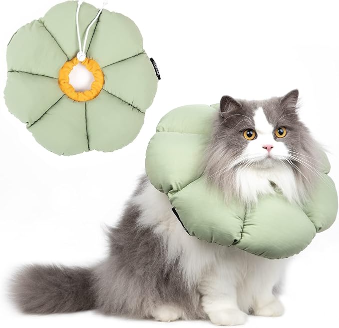 Cat Cone Collar,Cute Waterproof Cat Recovery Collar,Anti-Bite Lick Wound Healing Safety Elizabethan e Collar for Cats,Green Flower All-Season Style-PawvioPets