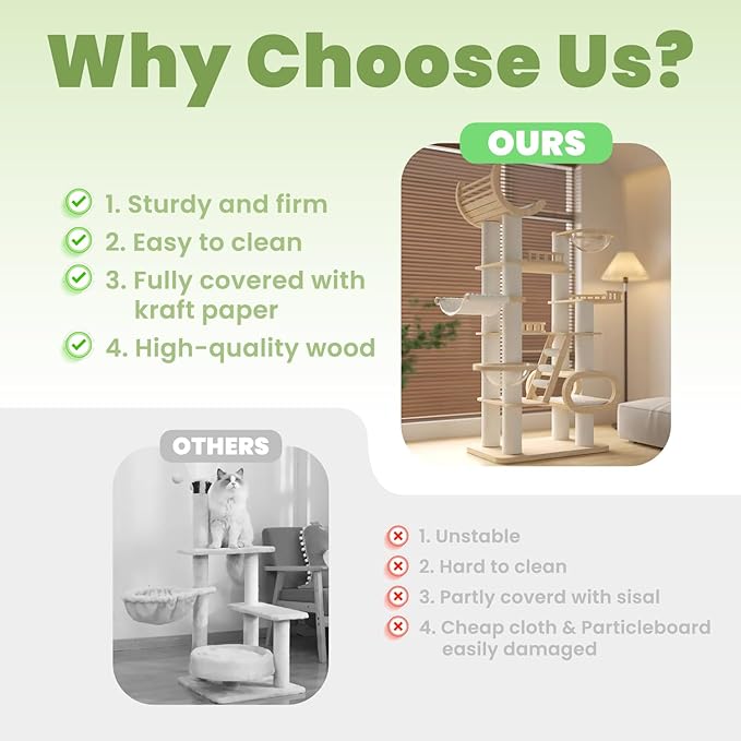 82.7'' Large Cat Tree, Modern Cat Tower with Scratching Post, Luxury Cat House, Wood Cat Tree for Indoor Cats Large Adult, Multi-Level Activity Center with Hammock, Clear Bowl, Semi-Closed Condo-PawvioPets