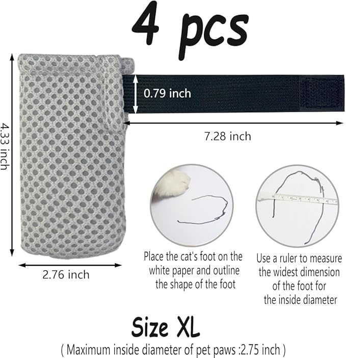 4 PCS Cat Mittens to Prevent Scratching,Mesh Breathable Cat Shoes,Adjustable Cats Anti Scratch Gloves,Suitable for Cats When Bathing and Nail Trimming(XL,Grey)-PawvioPets