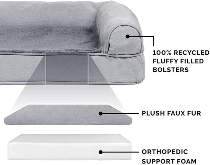 Furhaven Orthopedic Dog Bed for Large Dogs w/ Removable Bolsters & Washable Cover, For Dogs Up to 125 lbs - Plush & Suede Sofa - Gray, Jumbo Plus/XXL-PawvioPets