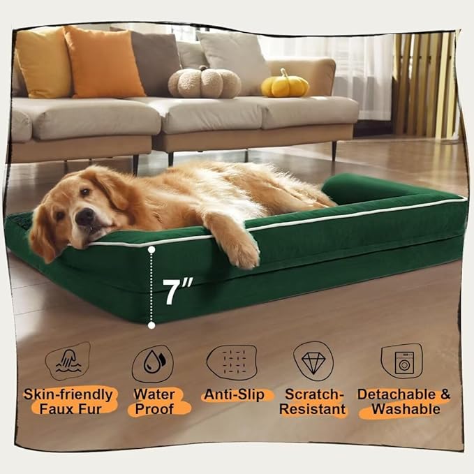 Orthopedic Large Dog Bed Washable, Orthopedic Emerald Dog Beds with Egg Foam Support, Removable, Machine Washable Plush Cover and Non-Slip Bottom for Extra Large Dogs-PawvioPets