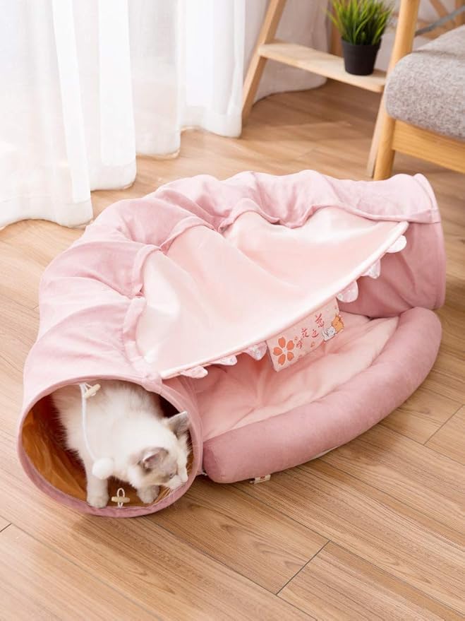 2 in 1 Cat Tunnel Bed Tube with Cushion and Plush Ball Toy Playground Crinkle Collapsible for Large Cats Kittens Kitty Puppy Small Dog Foldable Soft Pet Play Bed Indoor Outdoor- Pink Cat Tunnel Bed-PawvioPets