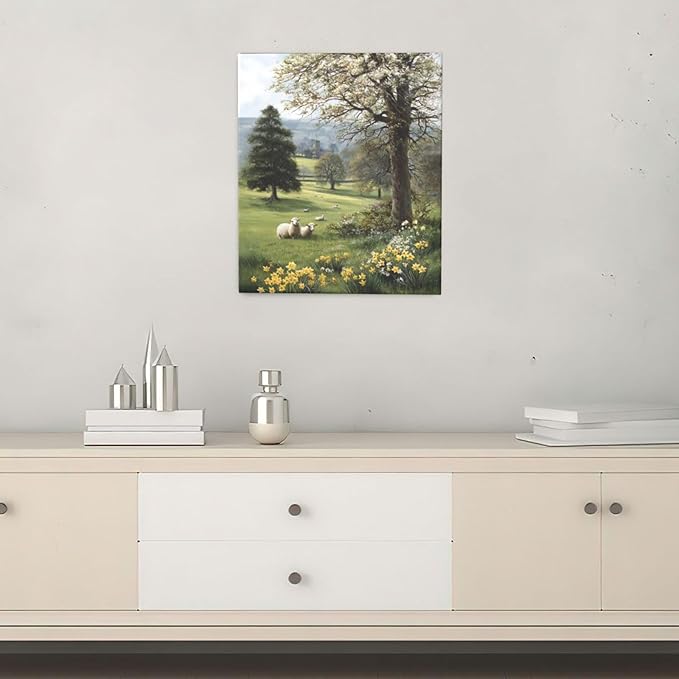 Country Sheep Canvas Wall Decor Farmhouse Rustic Lamb Wildflower Wall Art Nature Countryside Landscape Pictures Painting Print Framed Artwork Decorations for Bathroom Living Room Bedroom 24"x20"-PawvioPets