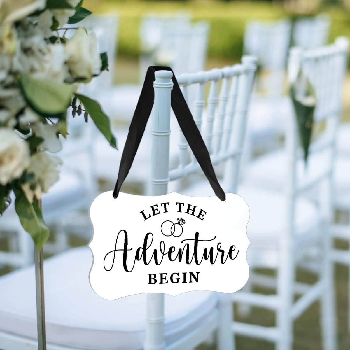 Acrylic Wedding Sign, Ring Bearer Sign, Rustic Wedding Decor Signs, Acrylic Wall Art With Ribbon for Chairs Weddings Decoration and Event Party - Let the Adventure Begin (White)