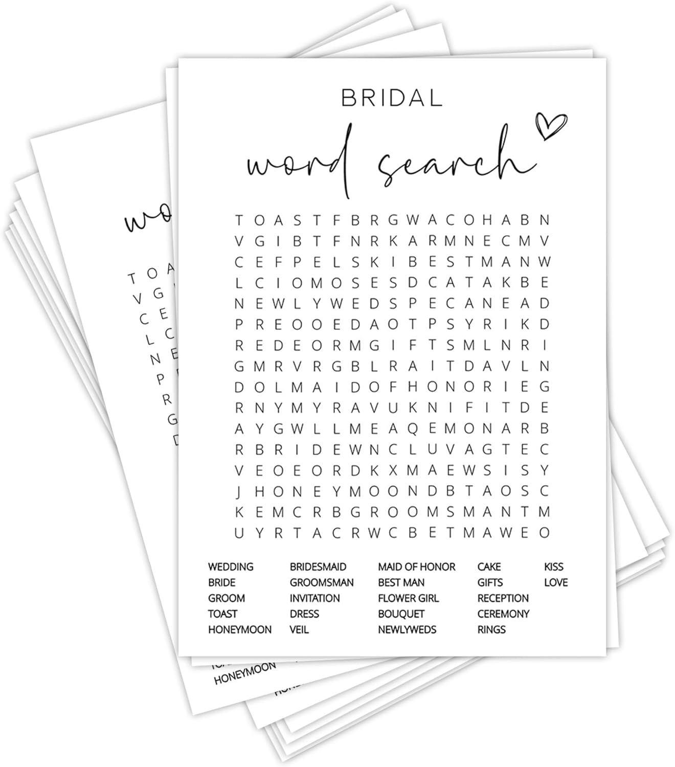 Bridal Shower Games, Word Search, 25Pcs Minimalist White Double-Sided Bridal Game Cards with 1 Answer Key, Wedding Shower Games for Guests, Engagement Bachelorette Party Supplies - A05