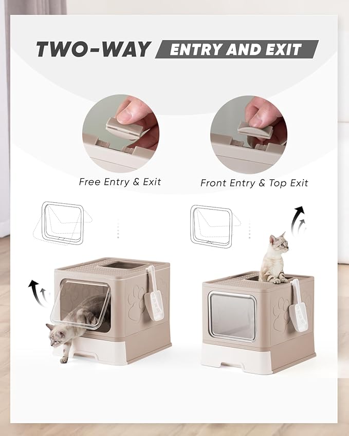 Enclosed Cat Litter Box, Large Litter Box for Big Cats, Covered Kitty Litter Boxes with Lid, Top Entry Cat Box Enclosure with Scoop, Odor Control, Easy to Clean(Coffee)-PawvioPets