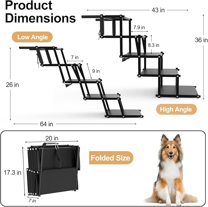 Extra Wide 5 Steps Dog Stairs for Large Dogs, Foldable Dog Ramp for Car with Non-Slip Surface, Lightweight Dog Stairs for Cars, Dog Steps for Cars, SUV, High Beds, Truck, Supports up to 250 lbs-PawvioPets