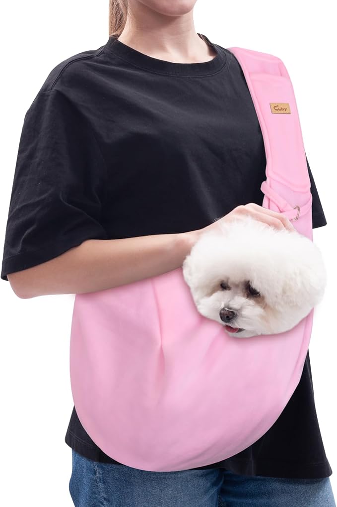CUBY Dog and Cat Sling Carrier, Hands Free Reversible Pet Papoose Bag, Soft Pouch Adjustable, Suitable for Puppy Cats for Outdoor Travel (Pink, M-Adjustable Strap)-PawvioPets