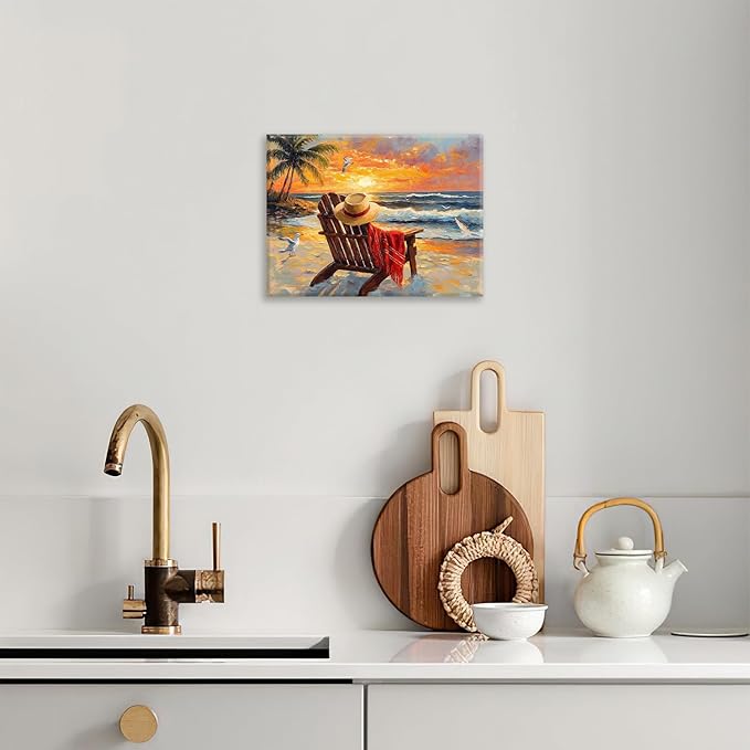 Beach Coastal Bathroom Pictures Wall Art, Seaside Ocean Bathroom Wall Decor, Sunrise Palm Framed Painting Canvas Artwork for Bedroom Living Room Decorations 20"L x 16"W-PawvioPets