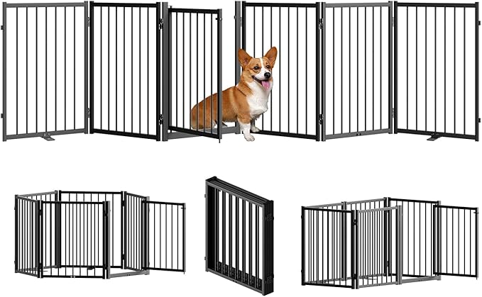 Full Metal Freestanding Dog Gate with Door, 24'' Height Foldable Pet Dog Fence for Indoor & Outdoor, 6 Panels Extra Wide Free Standing SmallDog Gates for Doorways,House,Stairs,Porch,Deck,Yard-PawvioPets