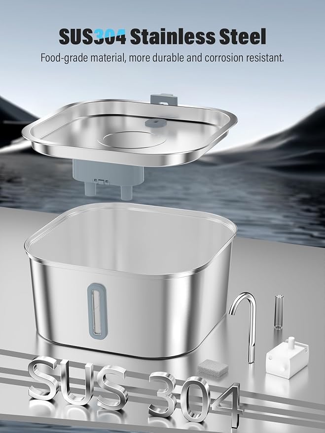 Dog Water Fountain for Large Dogs, 8L/2.1Gal Stainless Steel Pet Water Fountain with Water Level Window, Automatic Dog Water Bowl Dispenser for S-L Dogs and Multi-Pets (with 6pcs Filters)-PawvioPets