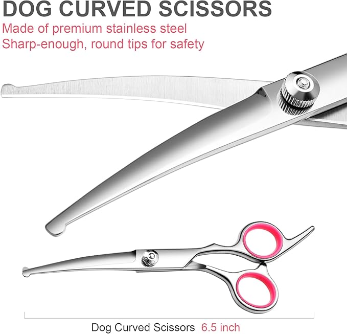 Dog Grooming Kit with Safety Round Tips Stainless Steel Professional Dog Shears Set - Thinning, Curved Scissors and Comb for Cat Pet-PawvioPets