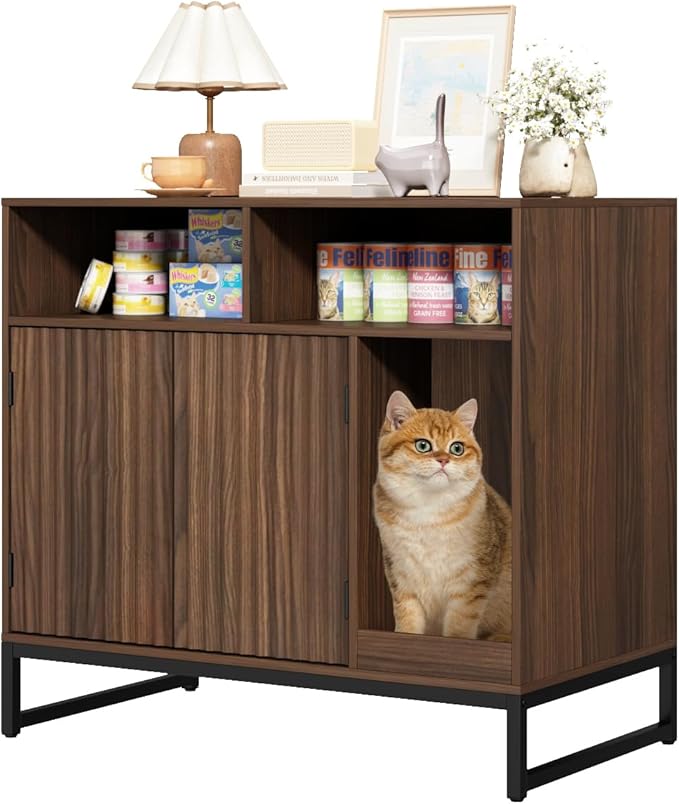 Cat Litter Box Enclosure, Large Hidden Pet Storage Cabinet Furniture with Waveform Fluted Doors & Scratching Pad, Modern Wooden Cat House Indoor for Washroom, Living Room, Bedroom, Rustic Brown-PawvioPets