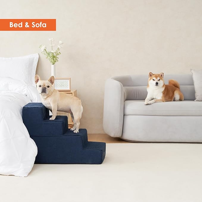 EHEYCIGA Dog Stairs for Bed 20" H, 4-Step Extra Wide Dog Steps for High Bed, Pet Steps for Small Dogs and Cats, Non-Slip Balanced Pet Ramp Indoor, Navy Blue-PawvioPets