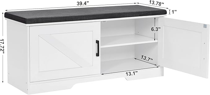 2-Tier Storage Bench, Shoe Bench with Padded Seat Cushion, Entryway Bench with 2 Barn Doors, Adjustable Shelf, 13.8" D x 39.4" W x 17.7" H, for Entryway, Living Room, Bedroom, White-PawvioPets