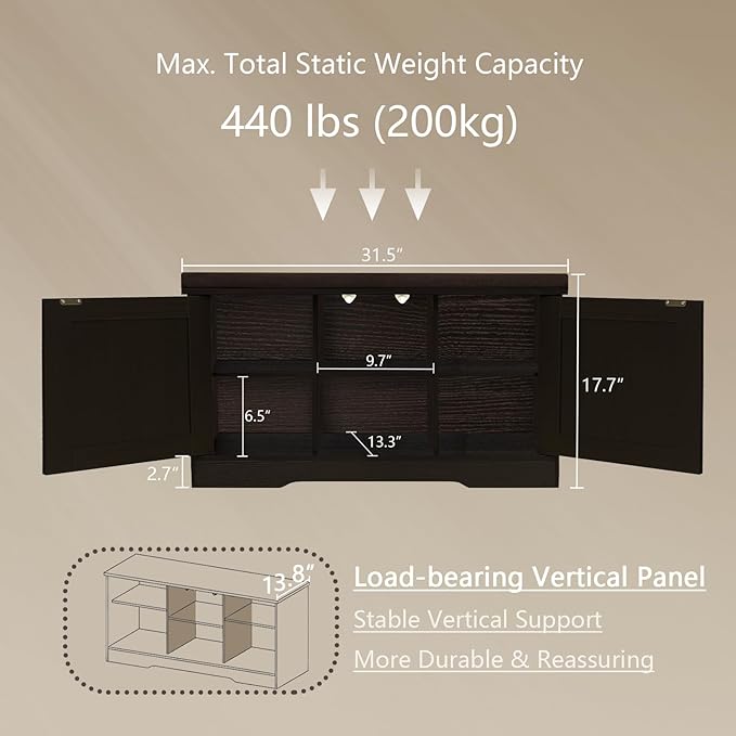 DINZI LVJ Shoe Bench, Entryway Storage Bench with Doors, Cushion, 2-Tier Shoe Rack with 6-Cubby, 31.5”L x 13.8”W Shoe Organizer Cabinet, Adjustable Shelf, Living Room, Bedroom, Espresso-PawvioPets