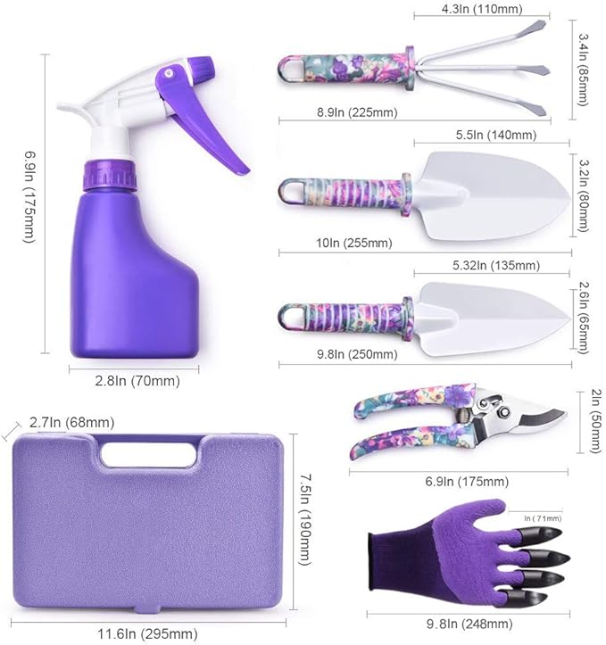 6 Pieces Garden Tools Set Planting Tools, Non-Slip Handle with Anti-Rust Trowel, Cultivator, Pruning Shear, Water Sprayer and Carrying Case, Gloves with Claws-PawvioPets