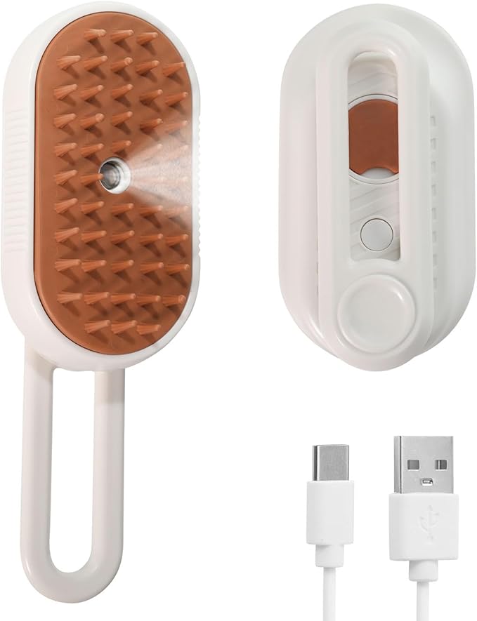 3-in-1 Cat Steam Brush, Rechargeable Cat Brush with Steam, Spritz Defur Comb for Dogs, Spritz Defur Comb for Cats (White)-PawvioPets
