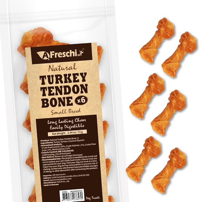 Afreschi Turkey Tendon Bone (S) 6 Pieces per Pack, USA-Sourced Turkey Tendon, All Natural Human Grade Puppy Chew, Hypoallergenic, Rawhide Alternative, Dog Treats for Small Breeds-PawvioPets