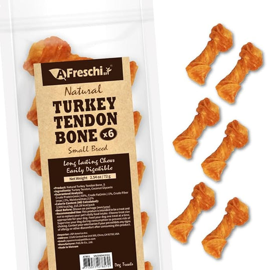 Afreschi Turkey Tendon Bone (S) 6 Pieces per Pack, USA-Sourced Turkey Tendon, All Natural Human Grade Puppy Chew, Hypoallergenic, Rawhide Alternative, Dog Treats for Small Breeds-PawvioPets