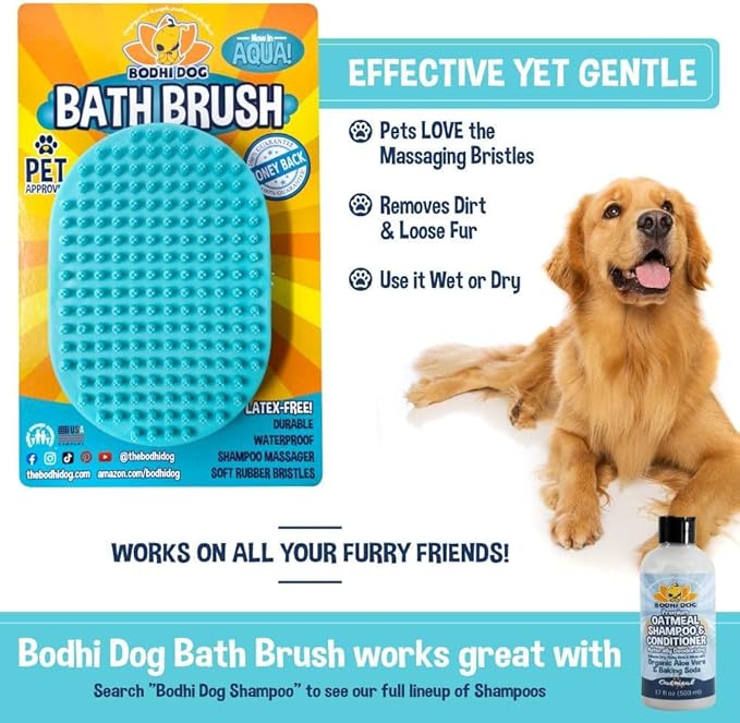 Bodhi Dog Shampoo Brush - Pet Grooming & Bath Supplies for Dogs and Cats - Bath Brush for Long & Short Hair - Premium Scrubber for Shower, Bathing & Massage (One Pack, Aqua)-PawvioPets