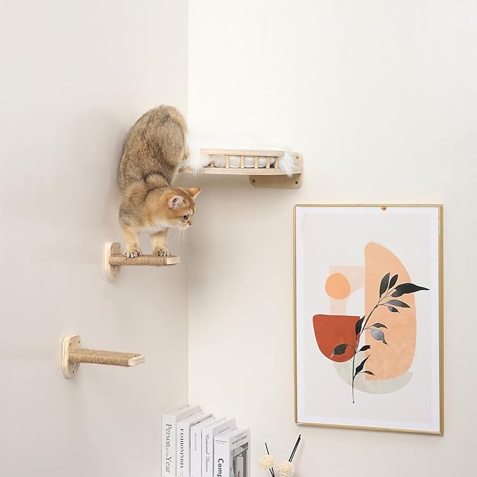 3 Pcs Cat Wall Steps, Cat Shelves and Perches for Wall, Wall-Mounted Cat Climbing Shelf with Hemp Rope Covered, Cat Wall Furniture Steps Set with Scratching Pads for Cats Playing and Climbing (Wood)-PawvioPets