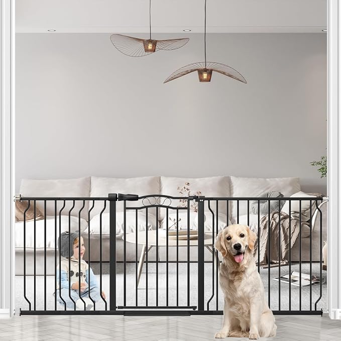 67.3-81.1" Extra Wide Baby Gate for Stairs No Drilling, 30" Tall Auto Close Press Mounted Baby Gate for Doorways, Adjustable Width Walk Through Long Gates for Kids or Pets, Black-PawvioPets