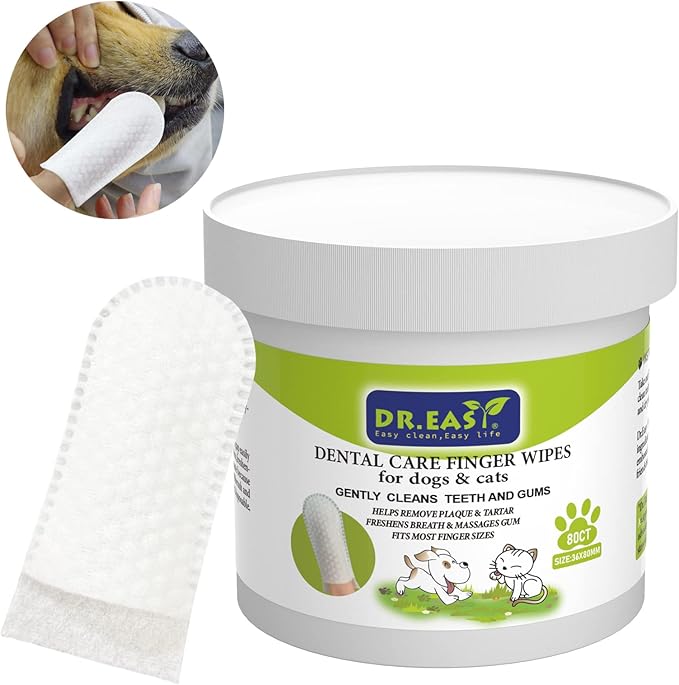 DR.EASY Breath Freshener Dental Finger Wipes 80ct for Dog & Cat, Help Wipe Away Plaque&Tartar, No Added Harsh Chemicals No Brush Formula-PawvioPets